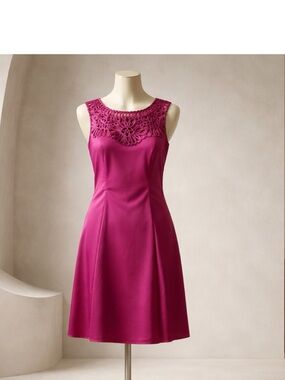 Ann Taylor Sleeveless A-Line Dress with Floral Lace Yoke in Fuchsia